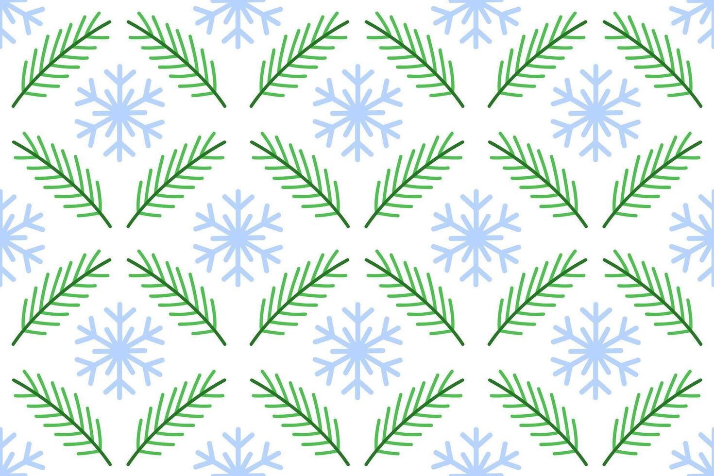 Seamless pattern with green fir tree branches and light blue snowflake on white background. flat style illustration. for textile print, wrapping paper, holiday packaging, seasonal background vector