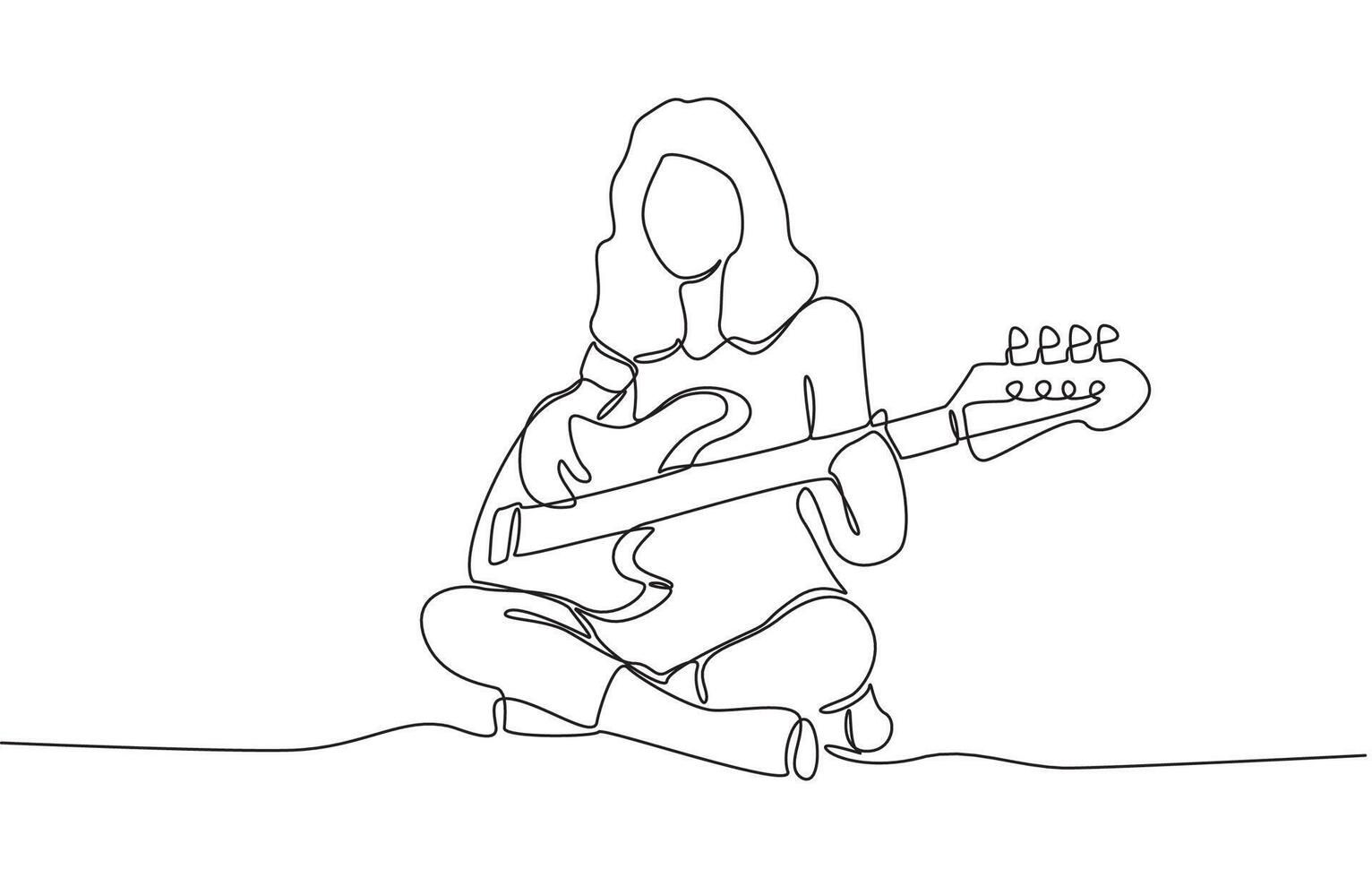 Continuous one line drawing of girl enjoying playing bass at home, practicing playing musical instruments concept, single line art. vector