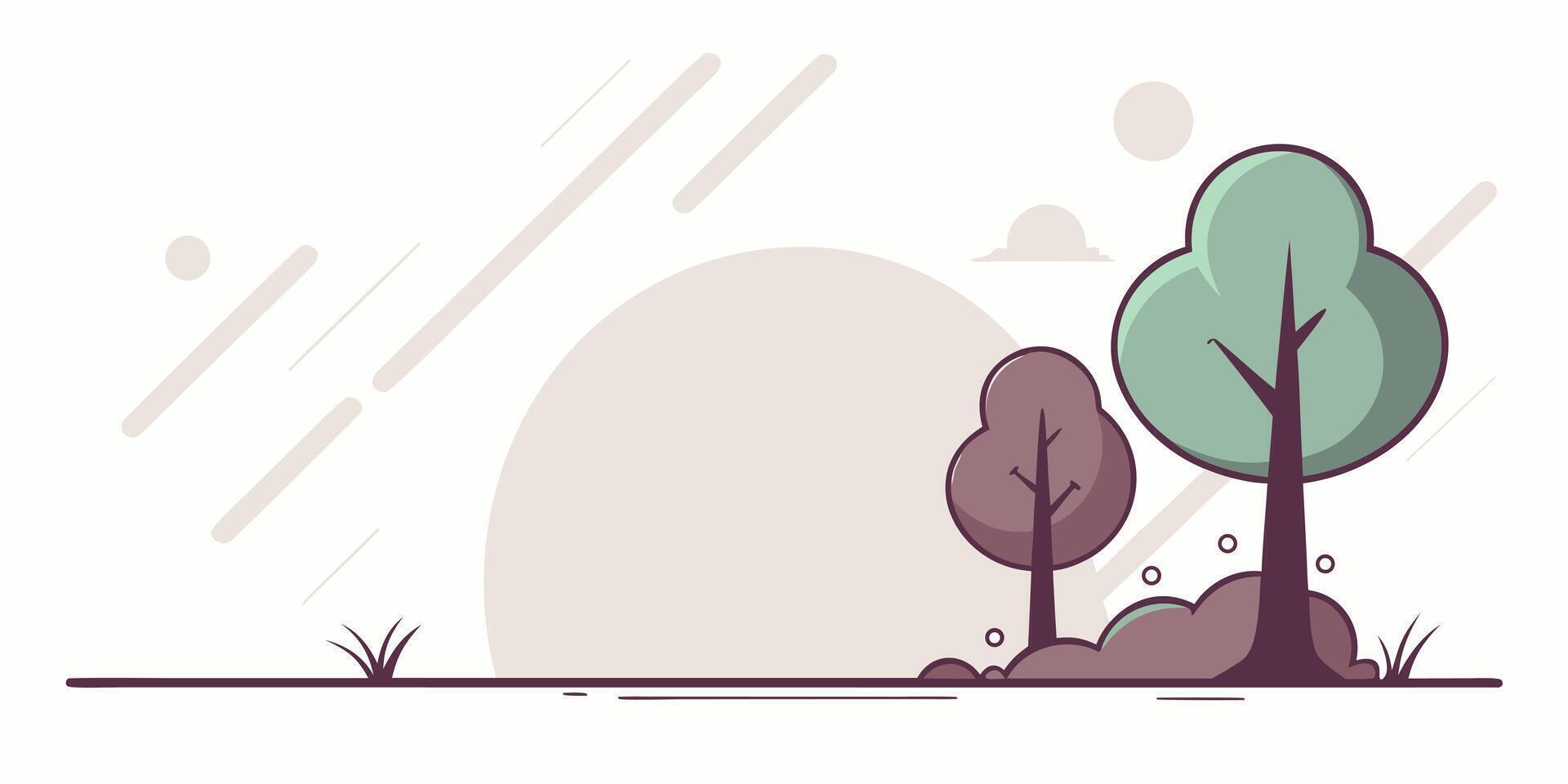 Minimalist flat design of two trees on a grassy hill with a large sun or moon in the background vector