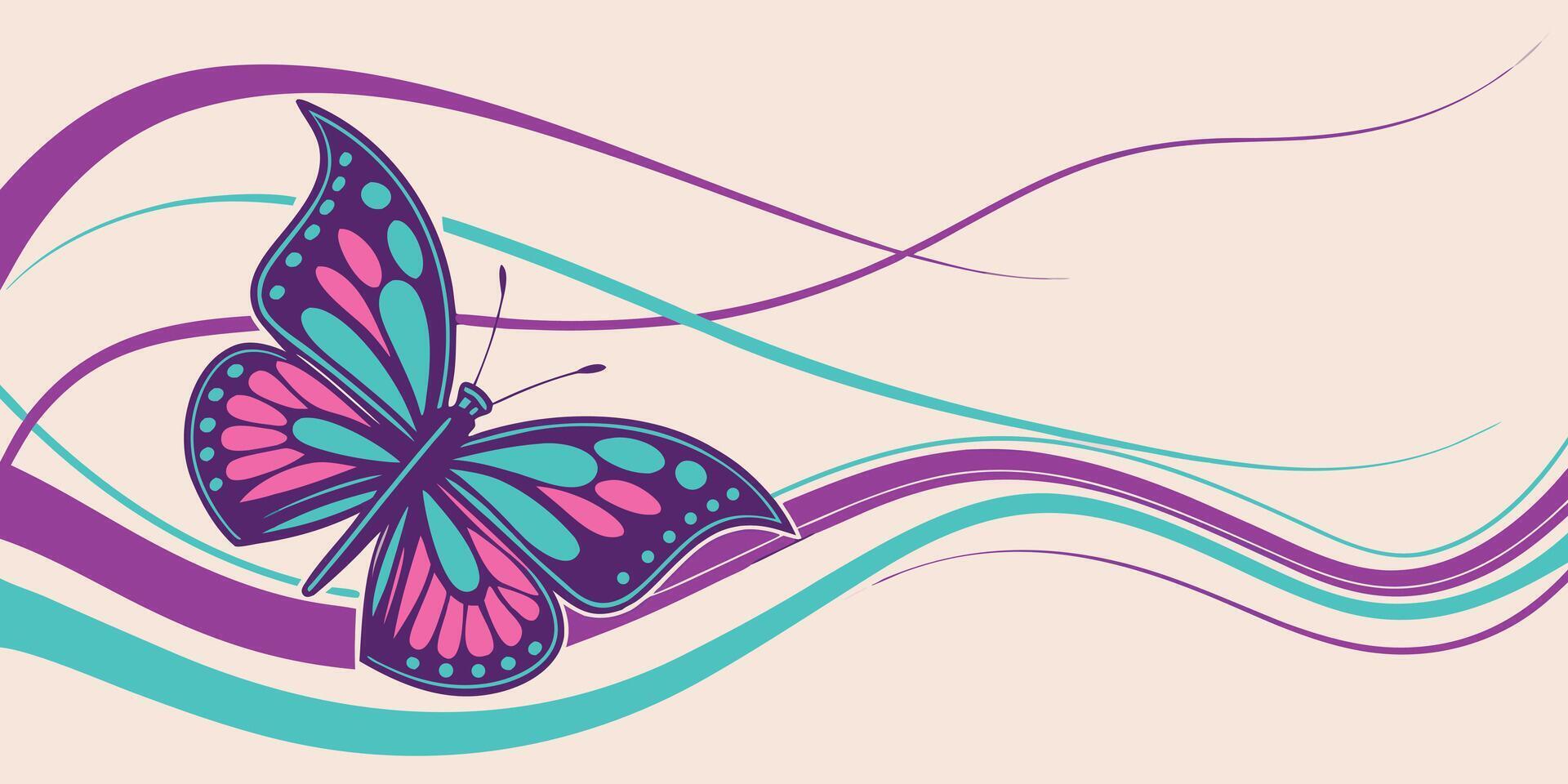 Vibrant butterfly with colorful wings on a background of flowing abstract lines vector