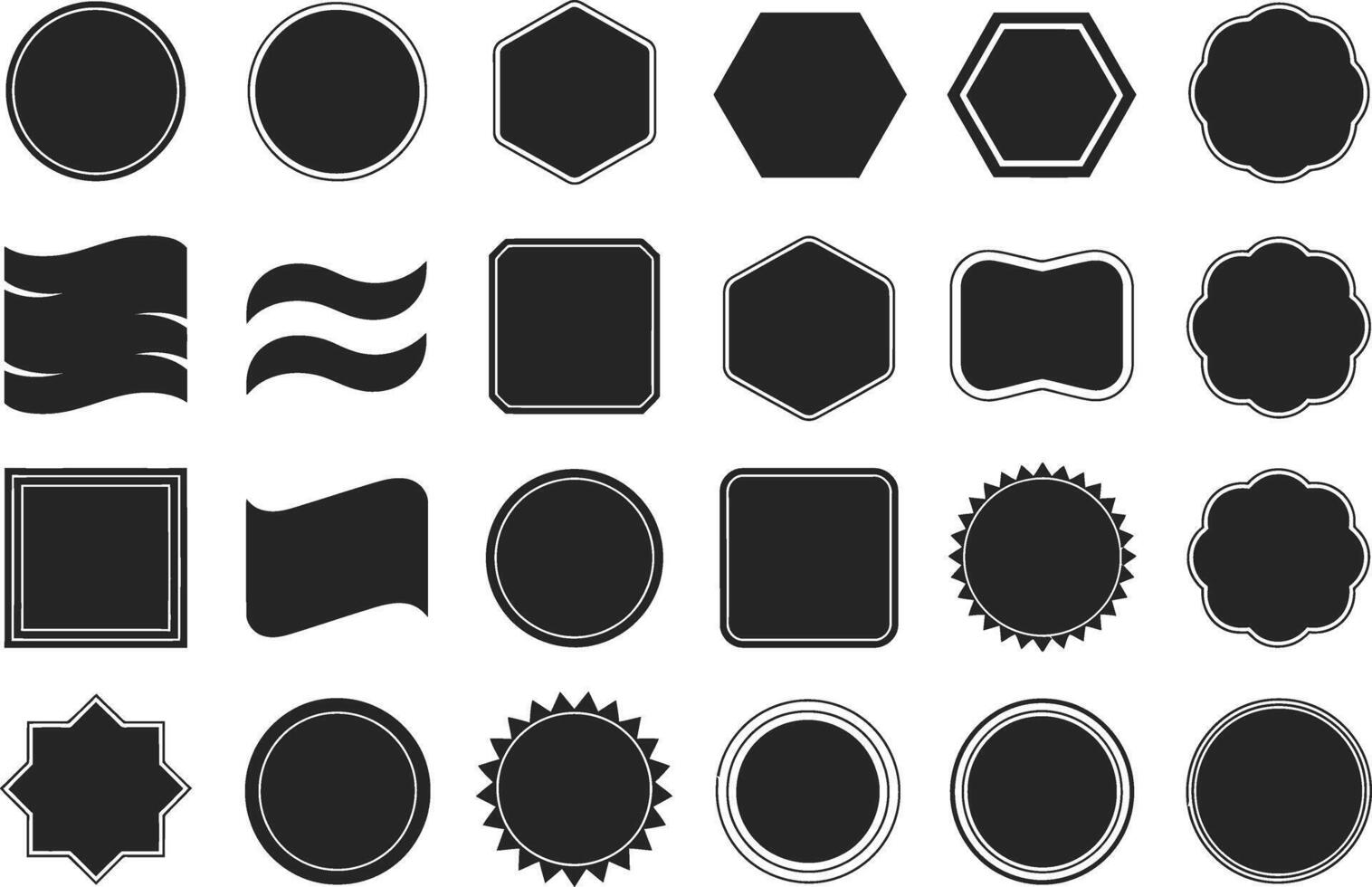 set of black geometric shapes, frames, banner, and labels with thin white outlines. vector