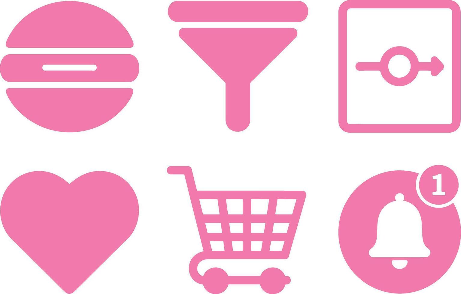 Essential pink ui ux icons. menu, filter, switch, heart, cart, notification elements. isolated on white background vector