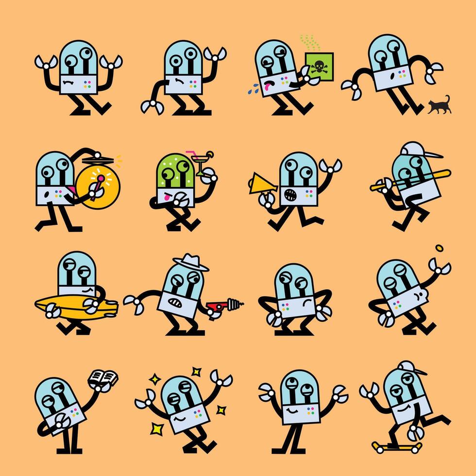 Set of cartoon-style robots performing various actions, including running, shouting, drilling, holding objects, dancing, and skateboarding, arranged in rows on an orange background. vector