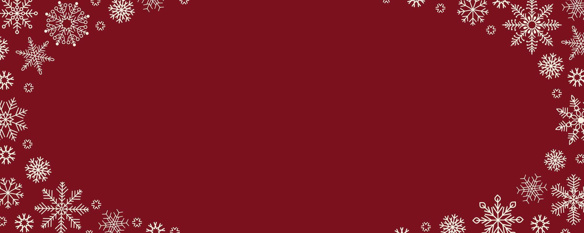 Celebration winter red border with a vignette of snowflakes and space for text. Flat illustration. Universal template for invitation, banner, wallpaper, background. vector