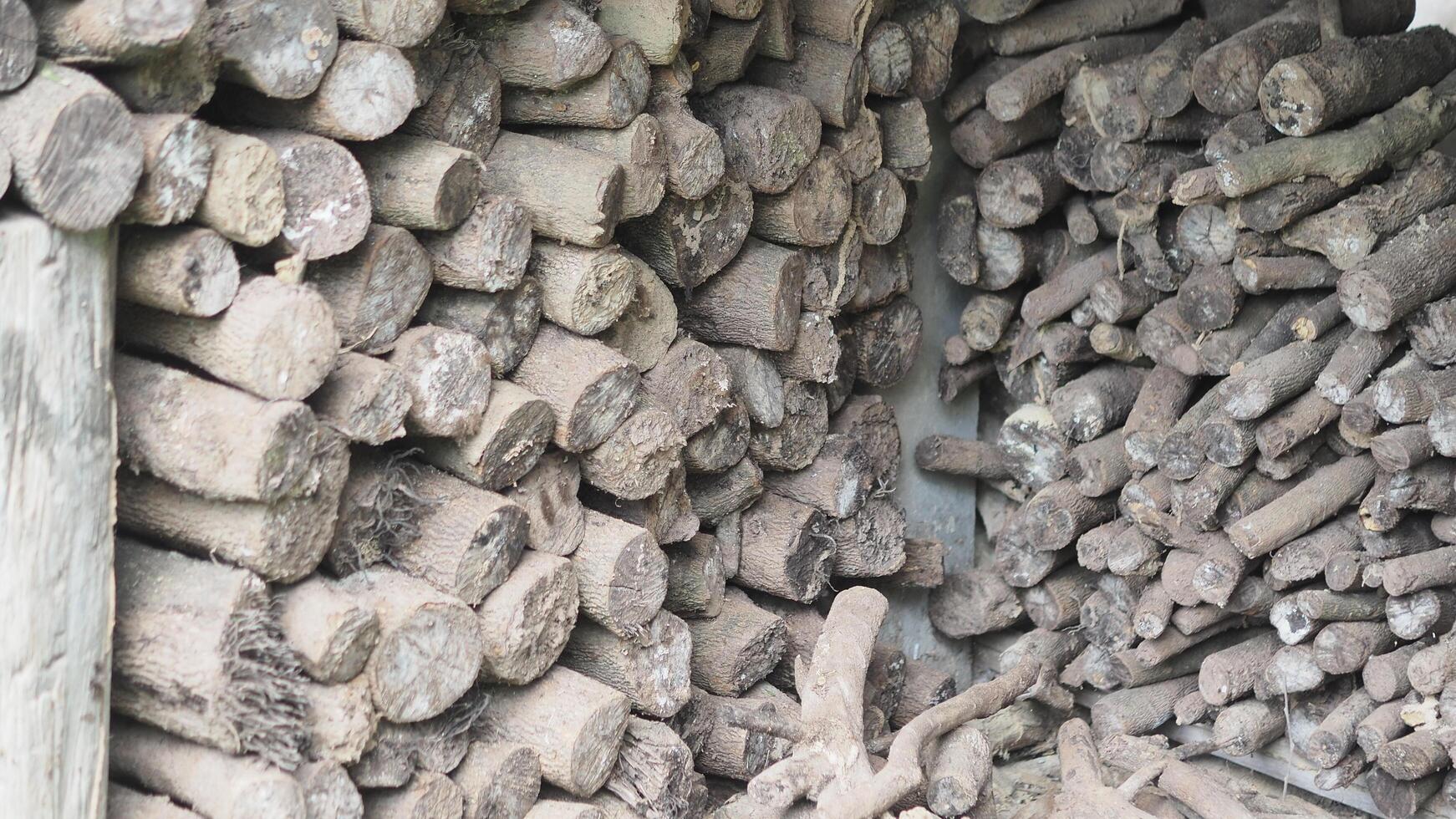 close-up, full-frame view of two tightly packed stacks of dry, weathered firewood logs and branches, with the wood exhibiting a uniform gray-brown color and visible cross-section textures. photo