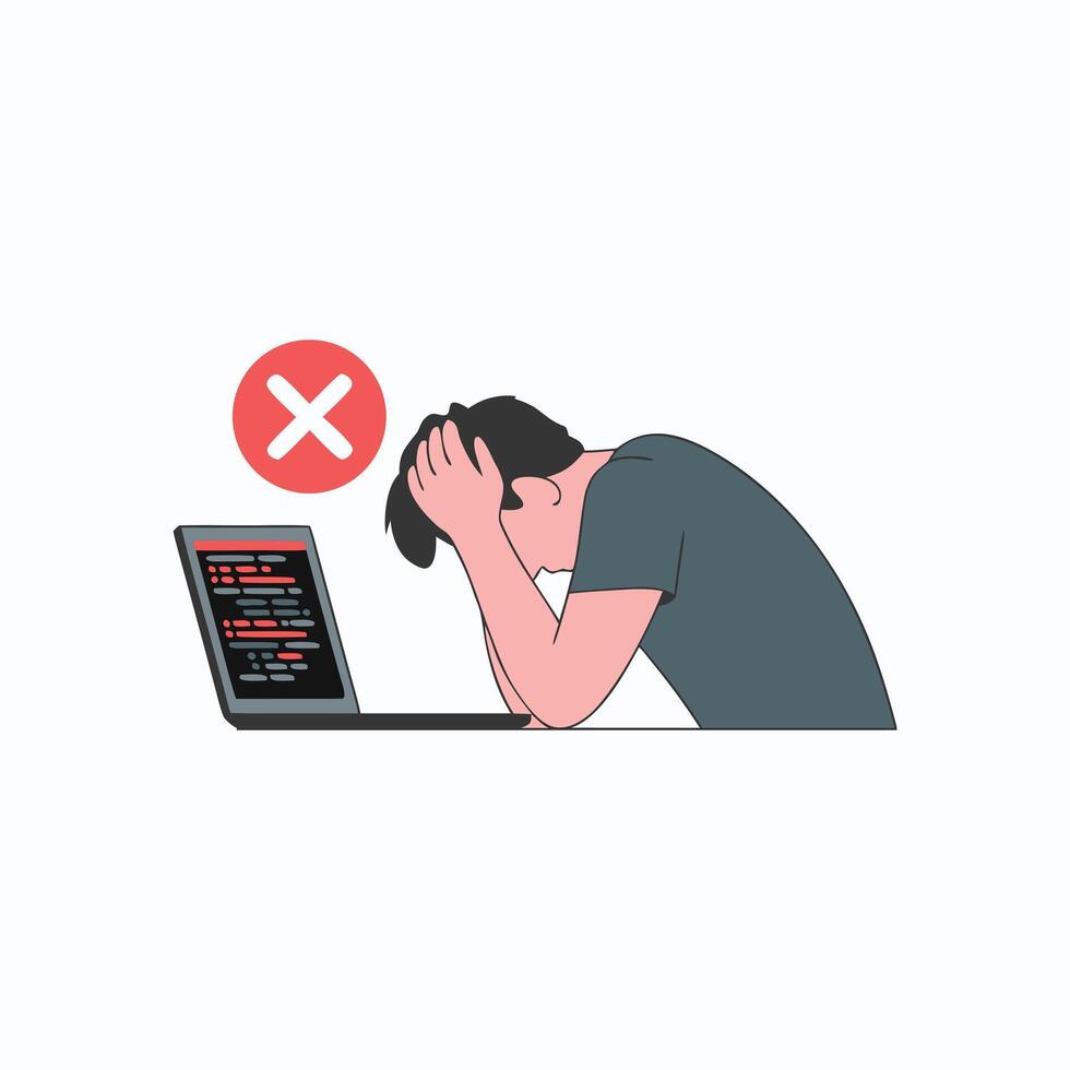dibujos animados desarrollador sentado a escritorio con ordenador portátil demostración código error y rojo X símbolo para programación frustración concepto vector
