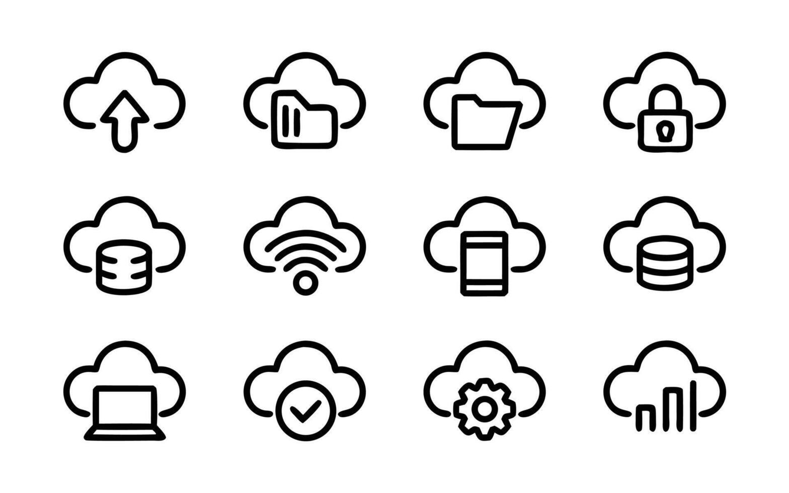 Cloud storage and technology icons, including file upload, security, data, and device connectivity symbols vector