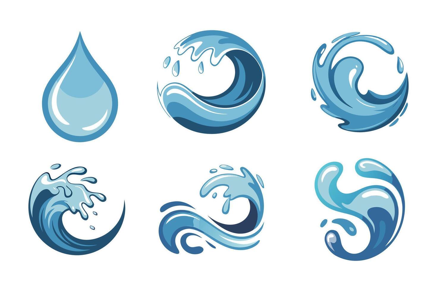 set of Stylized water illustrations with droplets, waves, splashes, and swirling motion for nature and fluid dynamics design vector