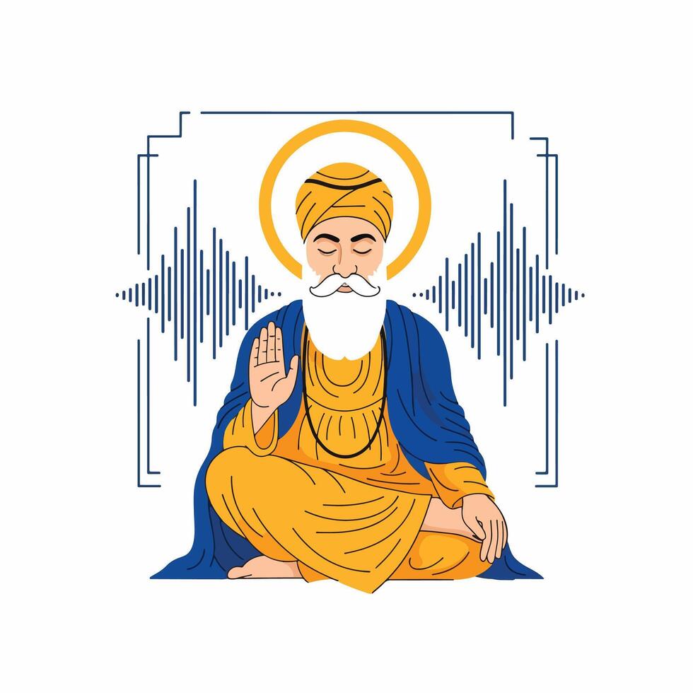 Illustration of Guru Nanak Dev Ji meditating with spiritual sound waves vector