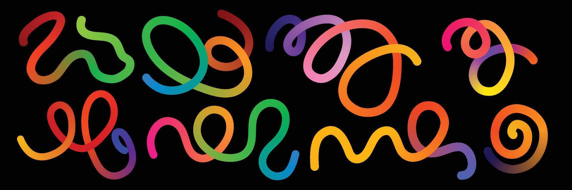 Wavy lines in an abstract rainbow gradient design A vibrant set of organic rainbow wavy ribbons with abstract color gradient lines vector