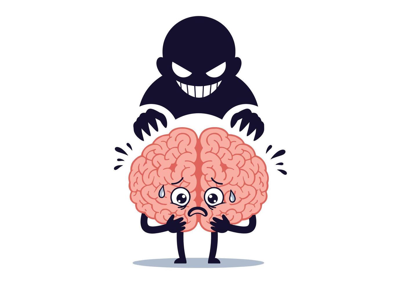 Evil shadow monster is manipulating a scared and confused human brain character with its hands. vector