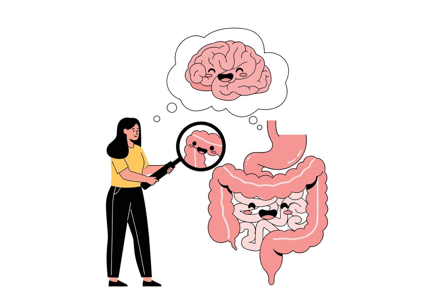 A female scientist is studying the connection between the human brain and the digestive system. vector