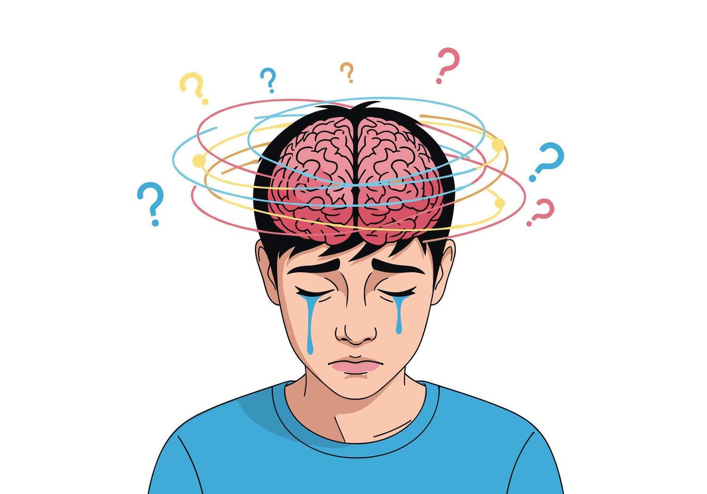 Sad and confused young man is crying with a tangled mess of thoughts and question marks in his brain. vector