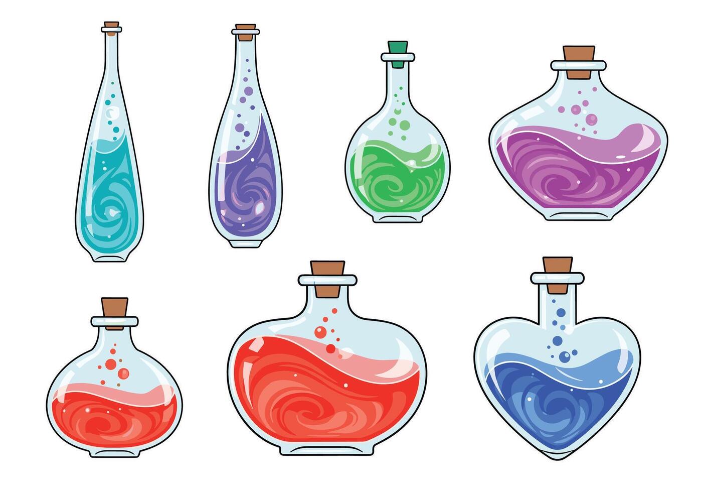 Mysterious collection of various glass potion bottles in different shapes and colors with magical liquids. vector