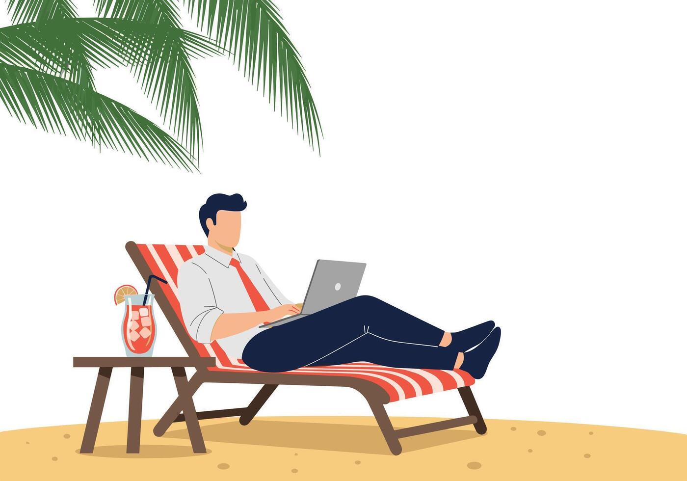Man is relaxing and working on his laptop on a beach lounge chair under a palm tree with a drink. vector