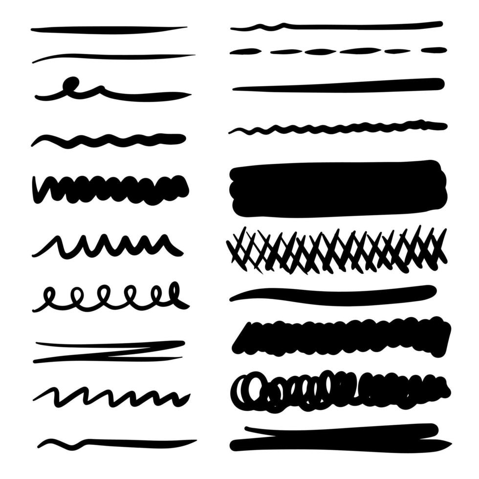 Set of artistic pen brushes. Hand drawn grunge strokes. Doodle lines, various dividers for web sites and for design elements vector