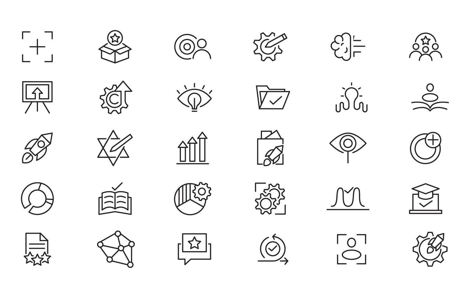 Innovation and Idea line icon set. Containing problem-solving, light bulb, idea, strategy, creativity, innovation, solution, investment, pitch, teamwork outline icons vector