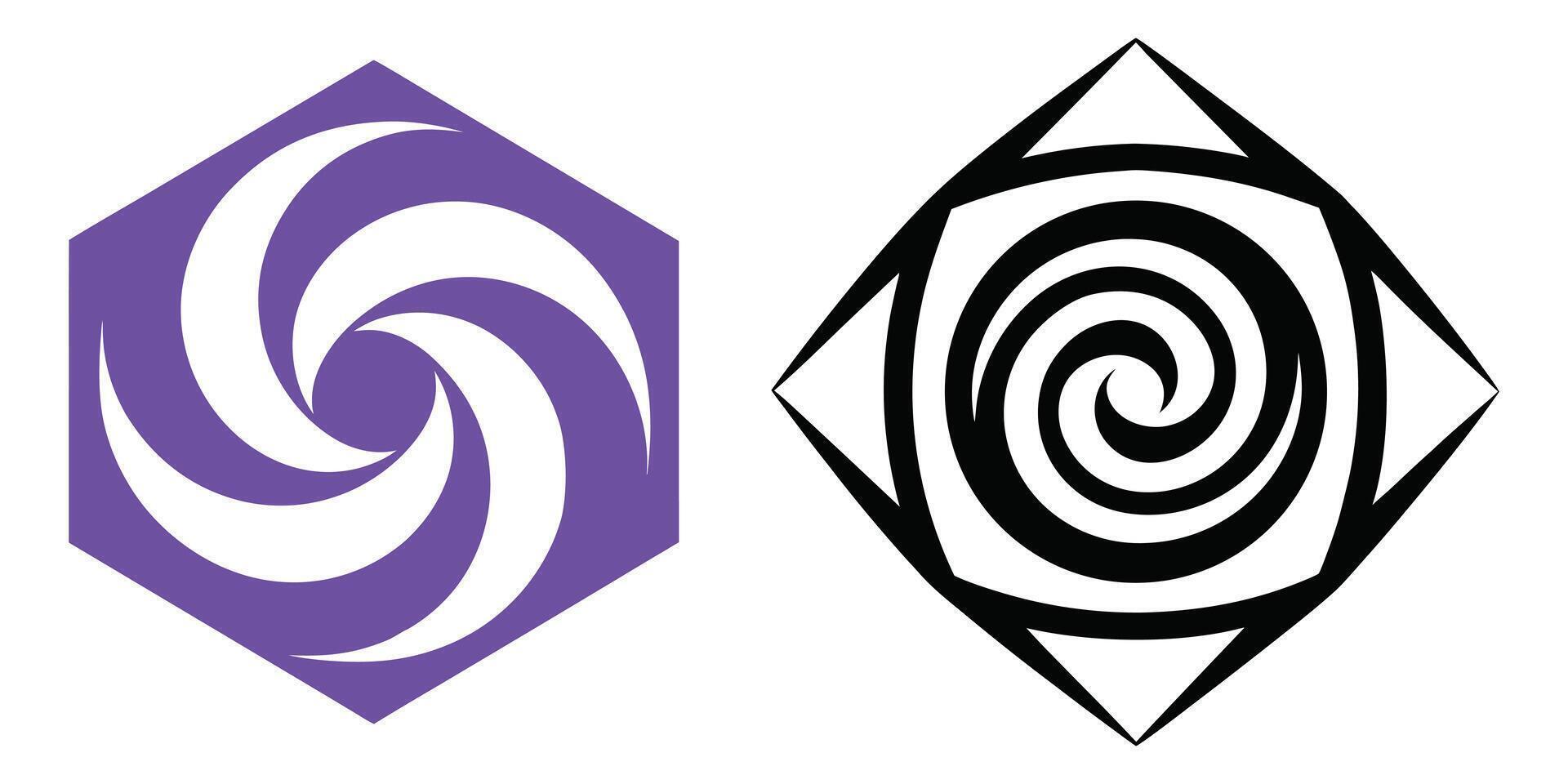 Two abstract spiral symbols in hexagon and square shapes isolated on white background, modern designs vector