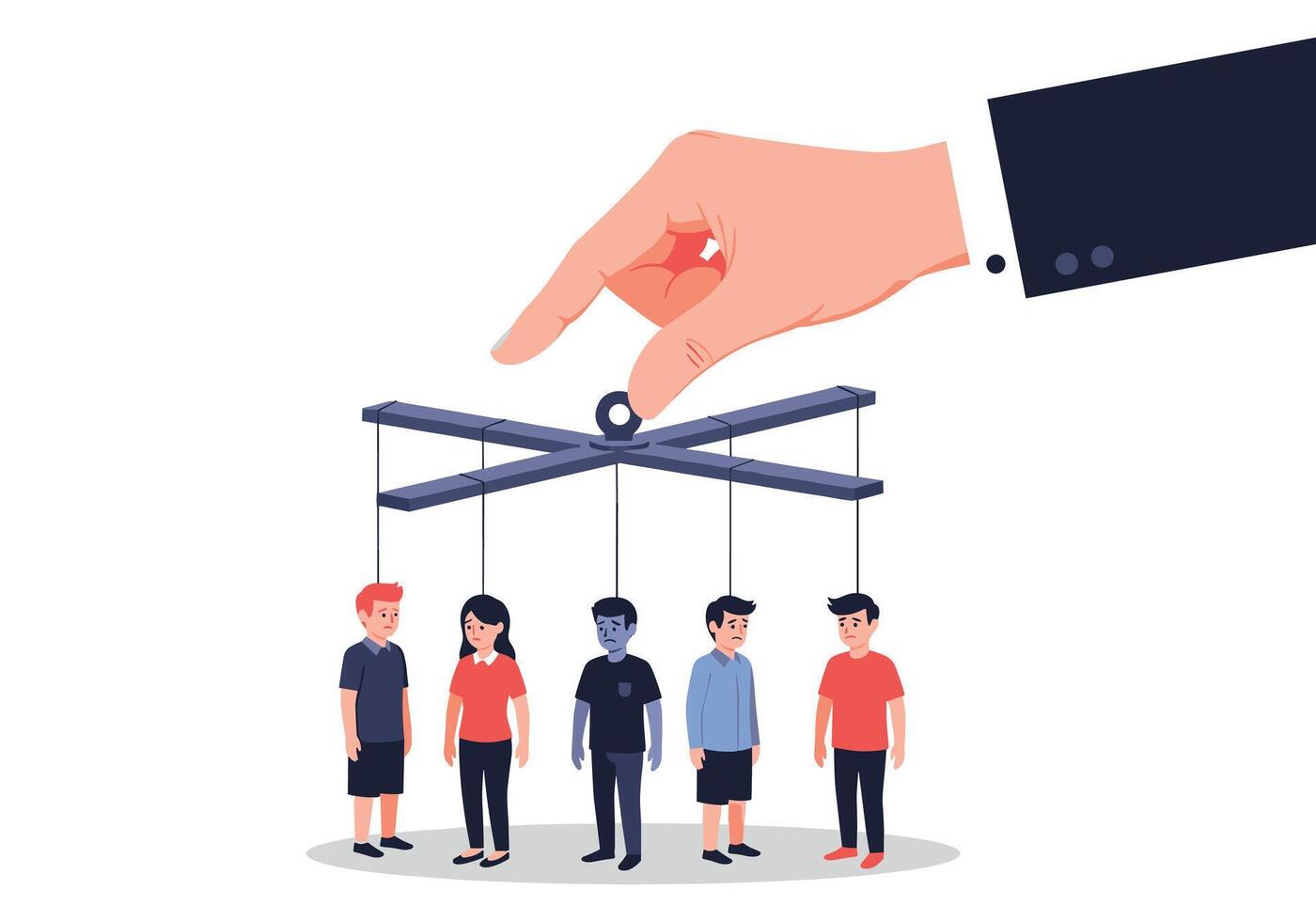 Large hand manipulates a group of people like puppets on strings symbolizing control and manipulation. vector