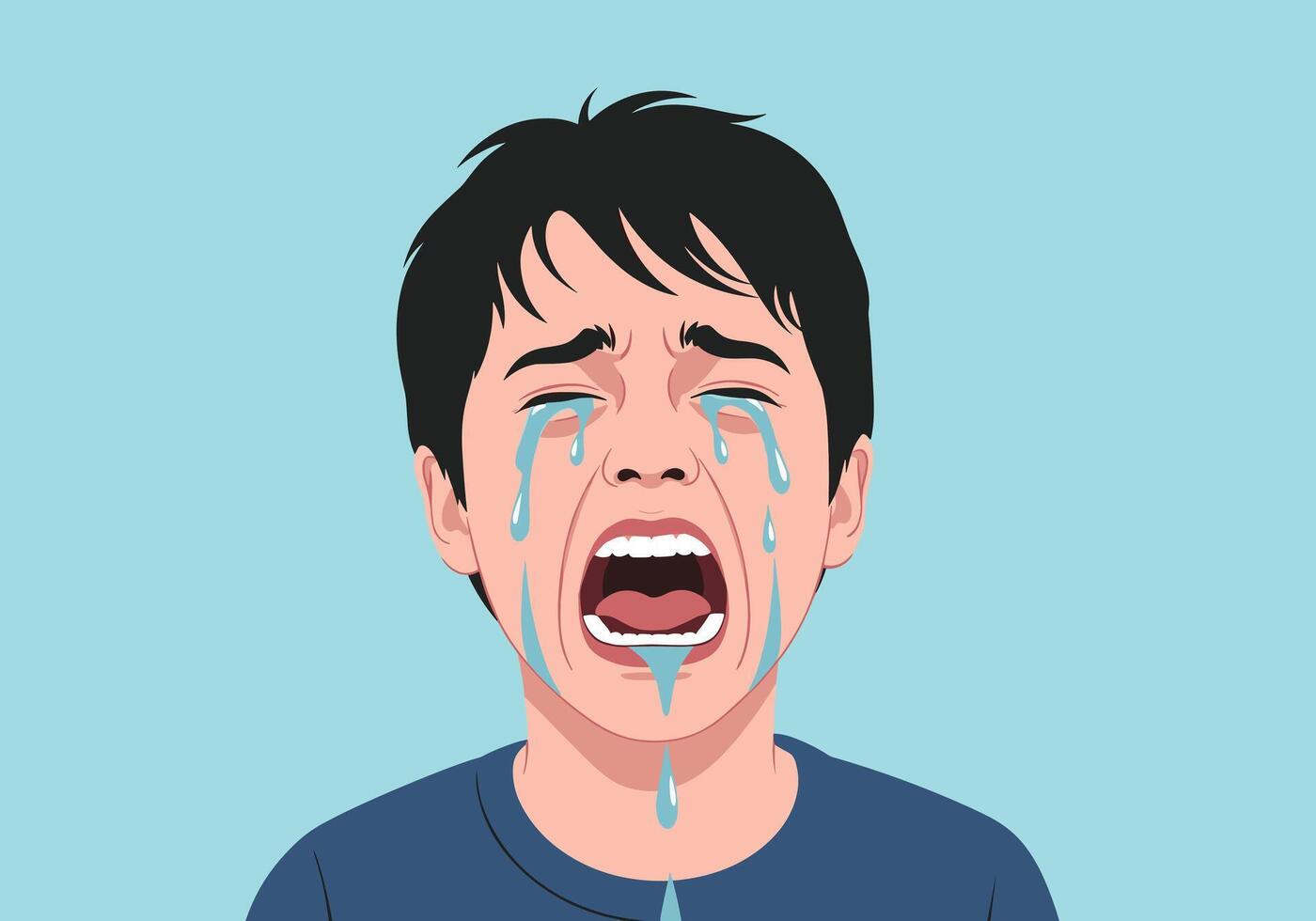 Intense close-up portrait of a young boy crying hysterically with streams of tears and an open mouth. vector