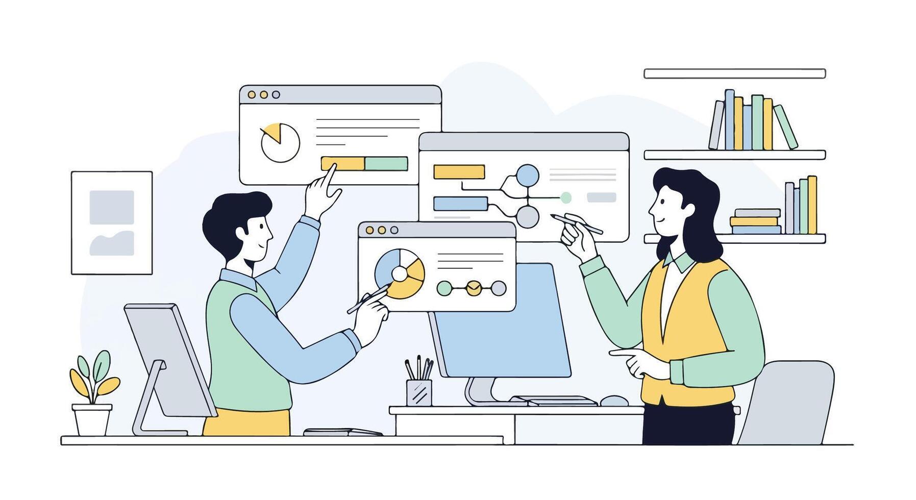 Business analytics and strategy planning with flat 2d graphics and data visualization vector