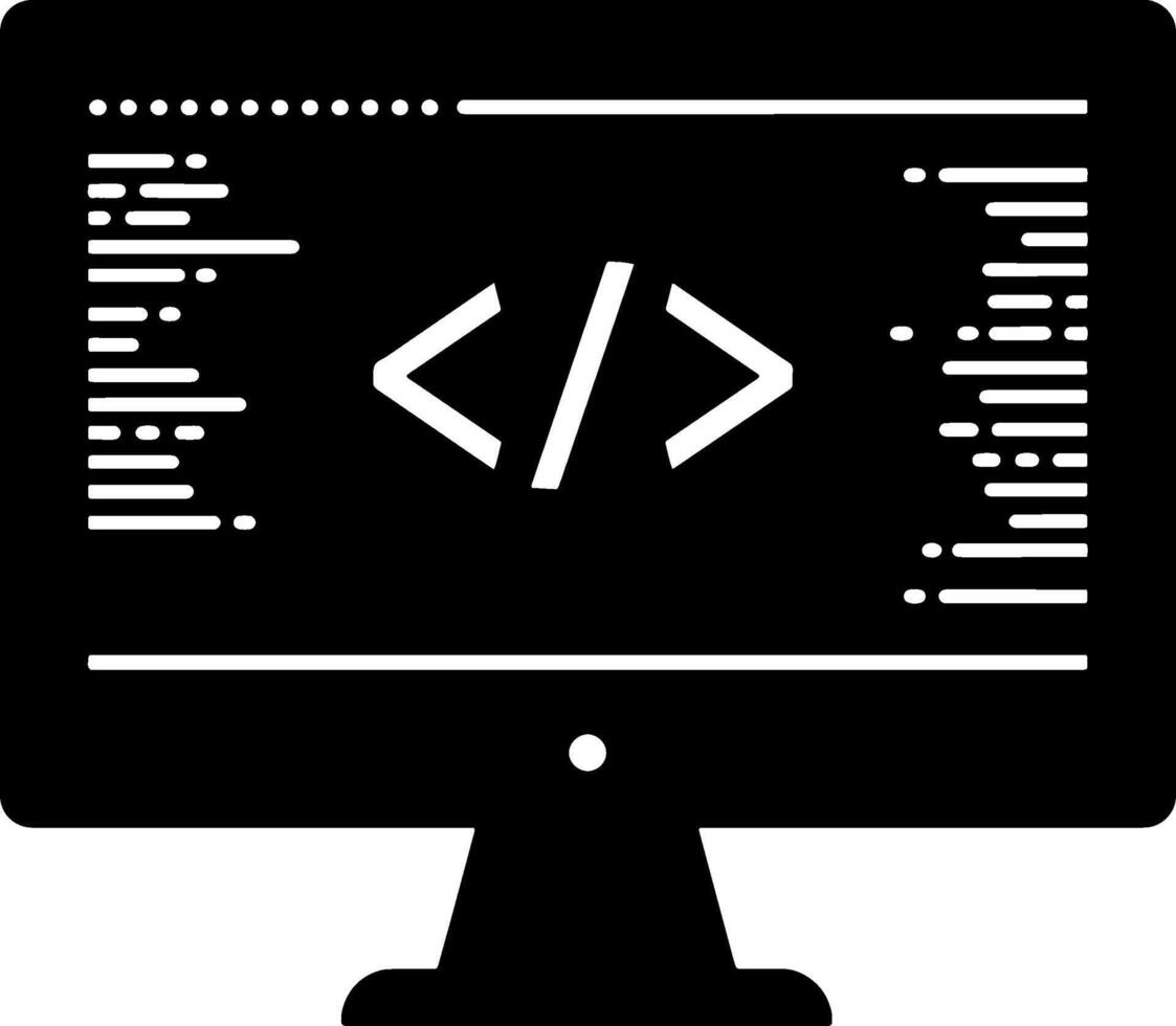 minimalista computadora pantalla con codificación símbolos y texto líneas vector