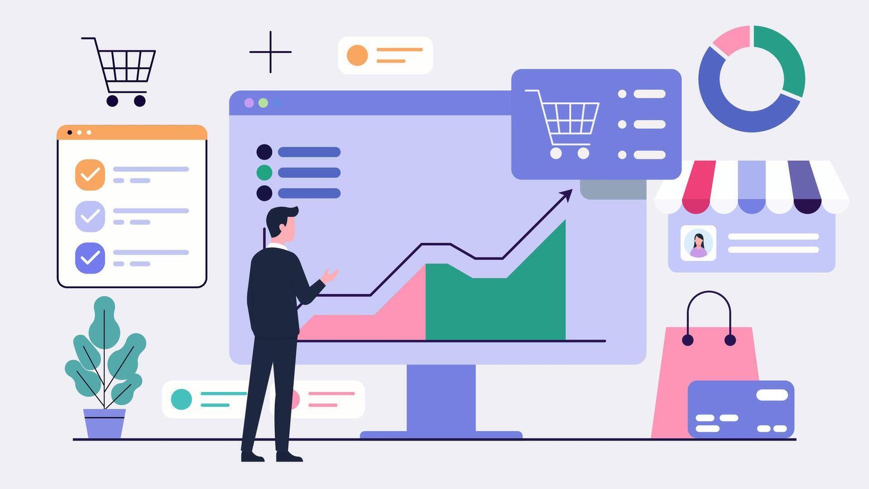 Symbolic E-Commerce Manager Monitoring Online Store Dashboard vector