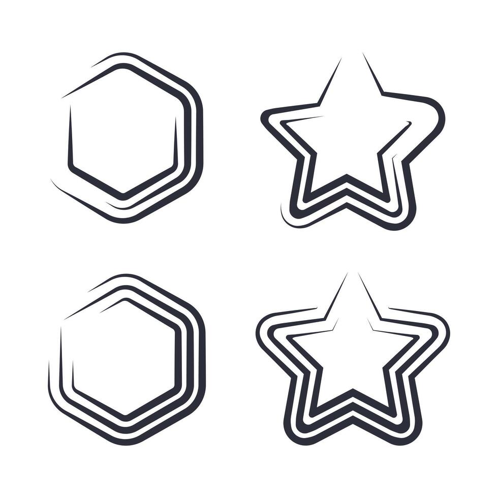 Abstract Handdrawn sketchy two hexagons and two stars geometric shapes set, grunge style, dynamic and modern design with three stroke lines. vector