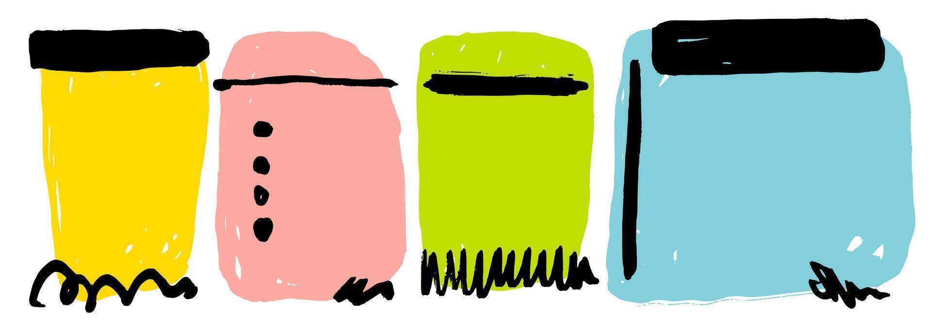 4 hand drawn text boxes. Grunge frames for text and infographic. Empty design template. Design element for presentation with copy space. Workflow layout. Stains painted with brush. Paint strokes vector