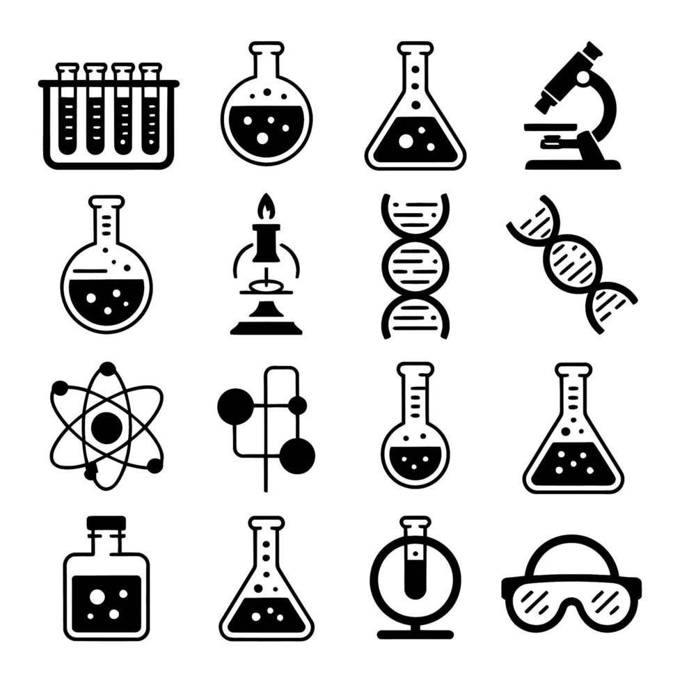 A collection of black science-related icons including test tubes, flasks, and a microscope vector