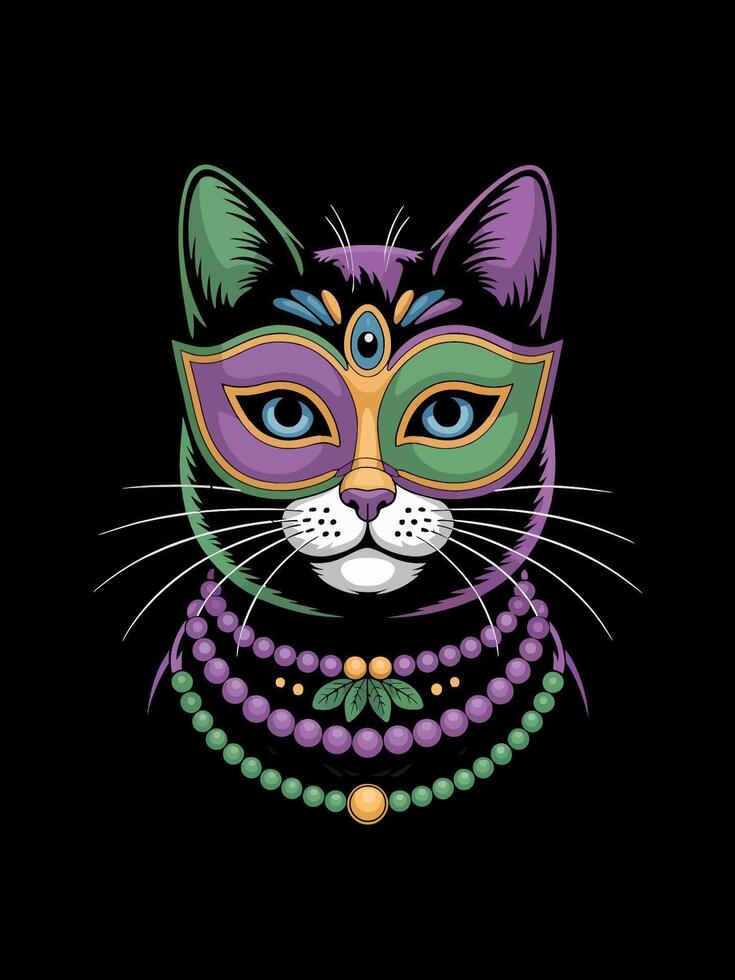 A cat wears a vibrant mask and colorful beads, blending elements of whimsy and playfulness. vector