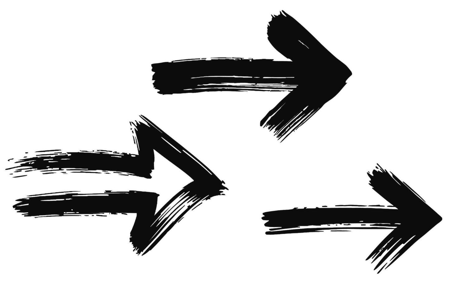Tres negro flechas son representado, cada cepillado con un texturizado, desigual estilo vector