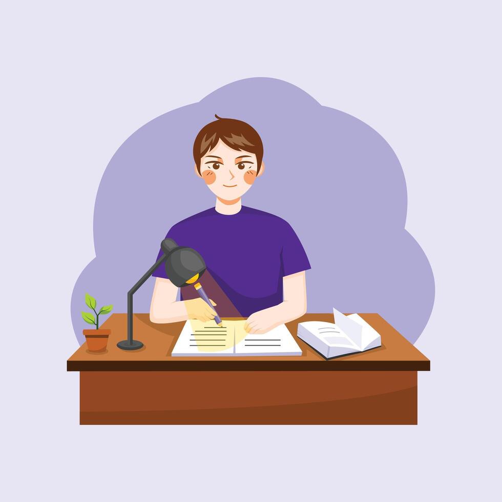 A clean and expressive illustration of a student studying at a desk, perfect for educational, academic, or productivity-related visual projects. vector