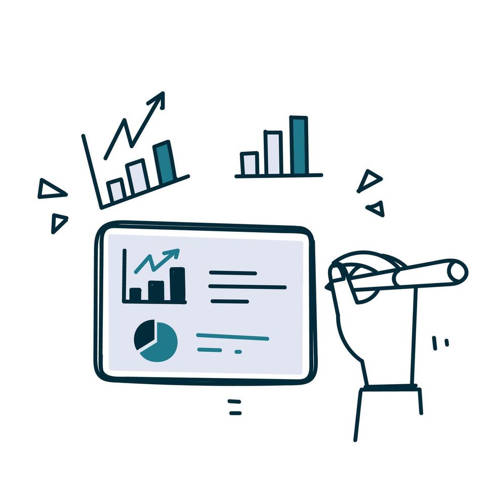 hand holding a pen and pointing to a tablet with graphs and charts vector