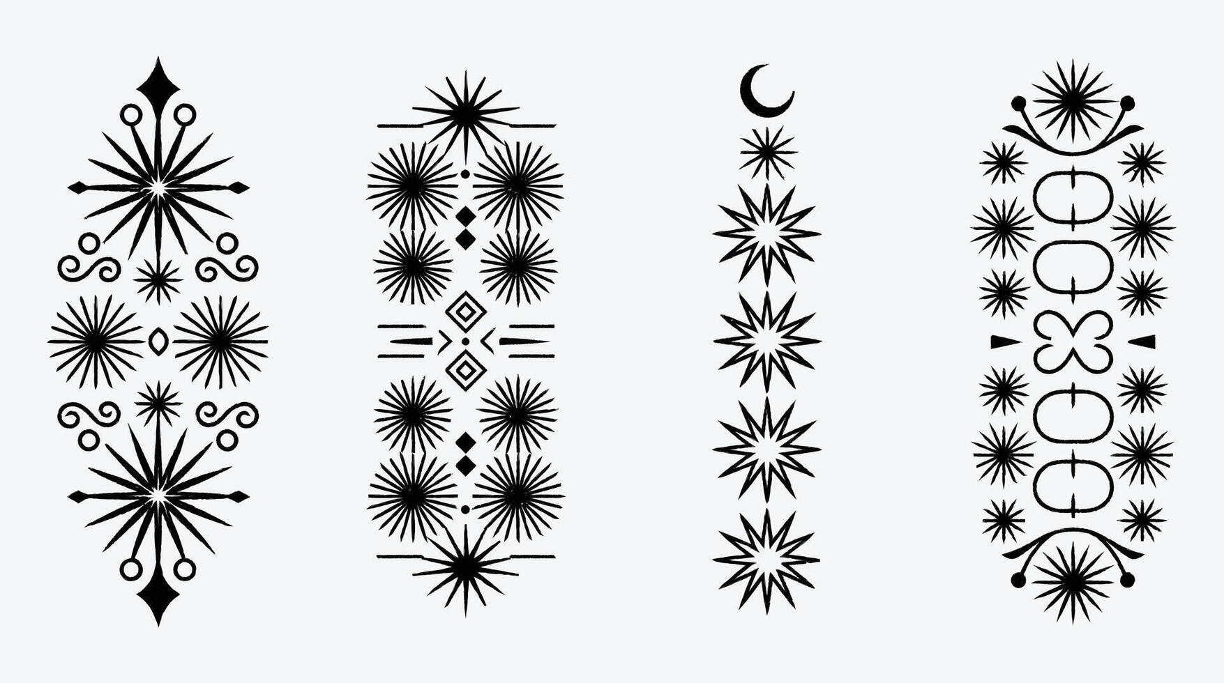Collection of abstract starburst patterns with celestial and geometric elements vector