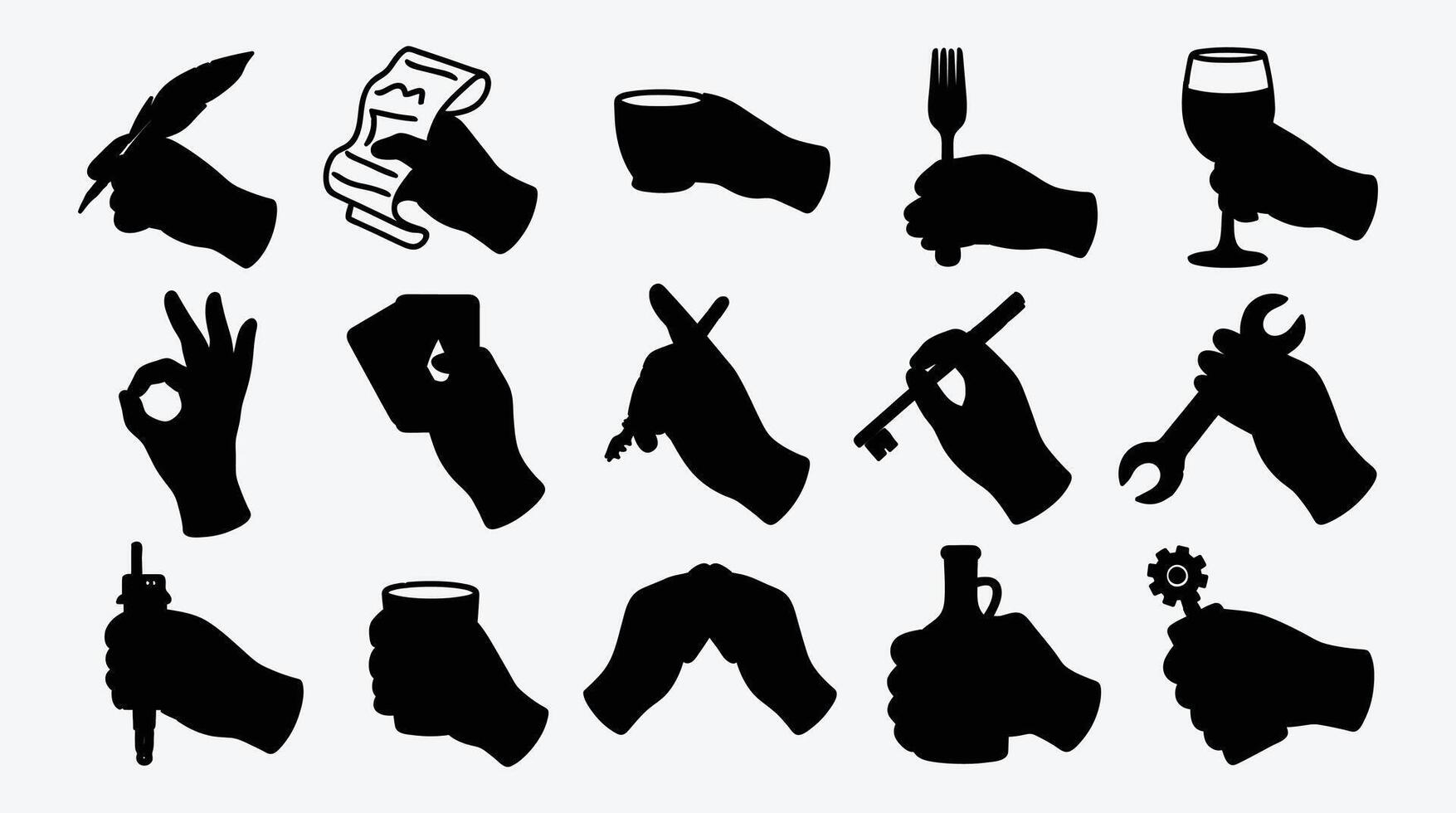 Set of various hand silhouettes holding objects isolated on white background vector
