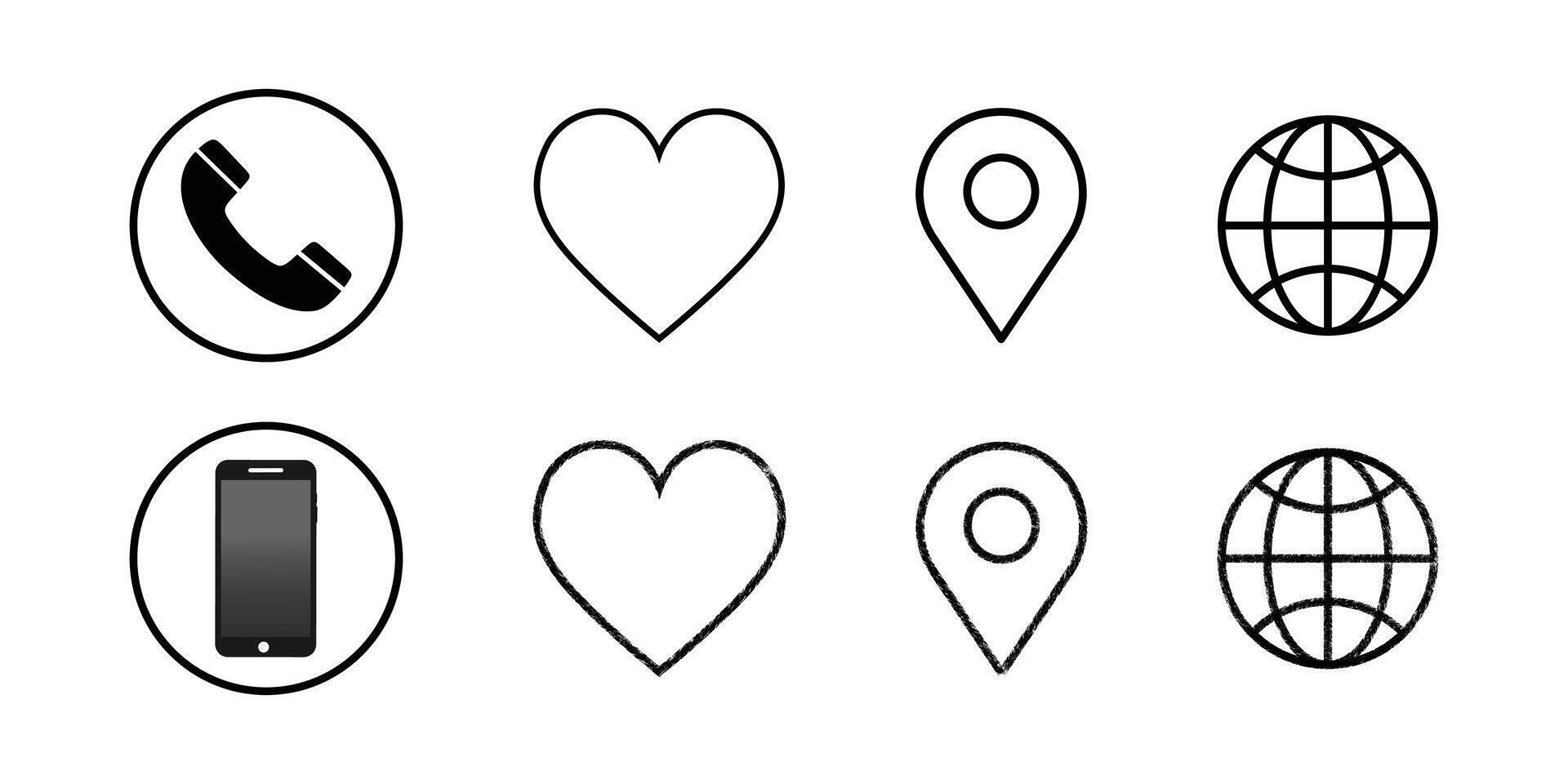 Essential Hand-Drawn and Outline Contact Icons Set Communication and Interface Elements. vector
