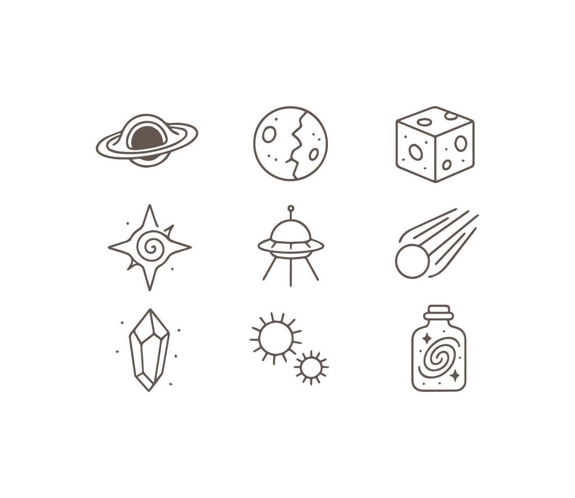 Cosmic Journeys and Mystical Elements Whimsical Outline Space Icon Set vector