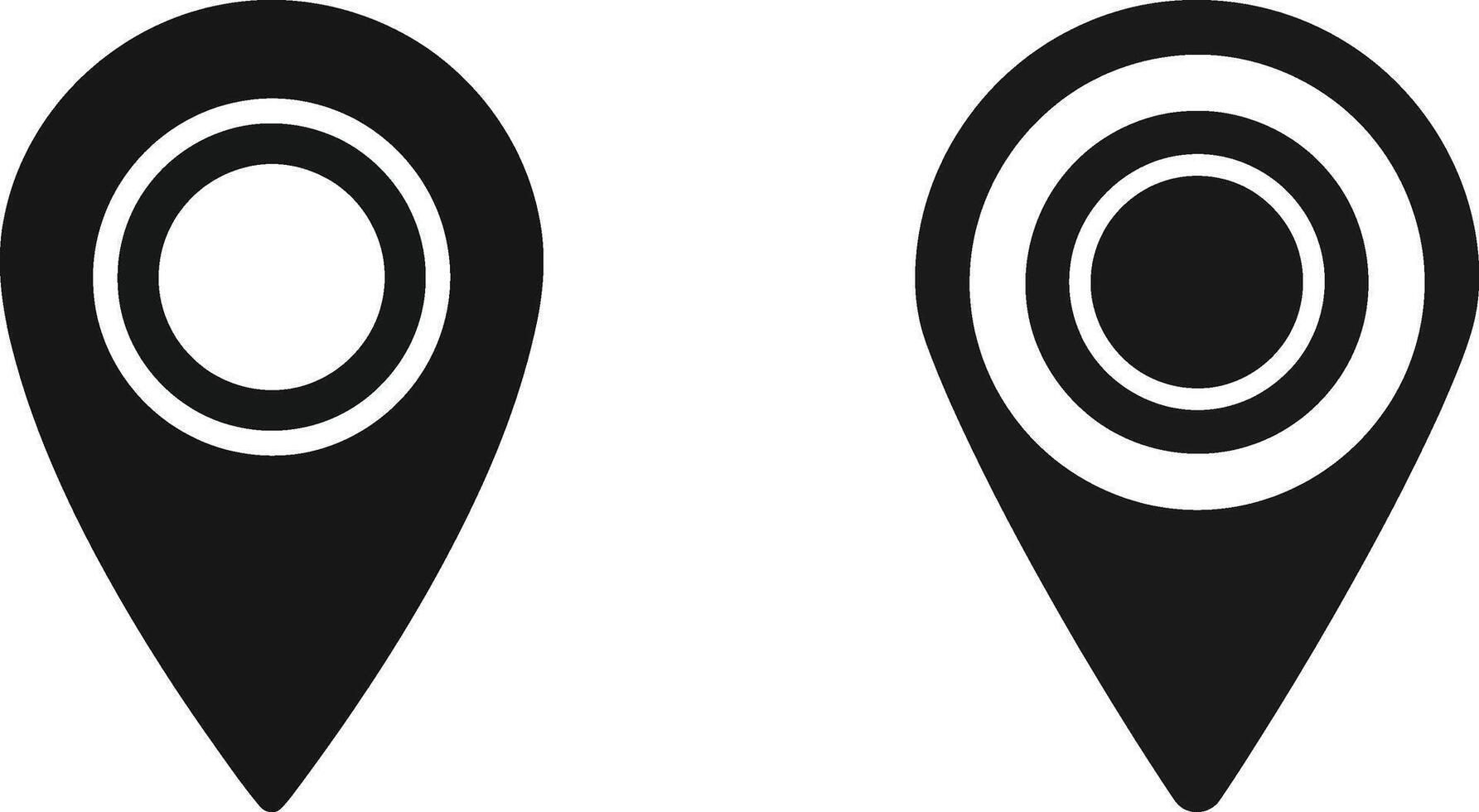 A set of two black and white location pin icons, representing destination, navigation, and map pointers for GPS applications vector