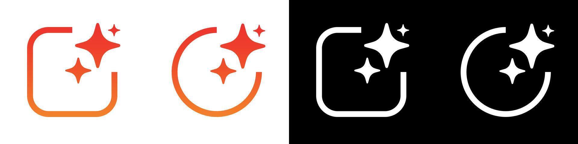 Gradient red orange magic sparkle icons collection with rounded square and circle frames on transparent background minimal style isolated on black and white clean modern glossy design vector