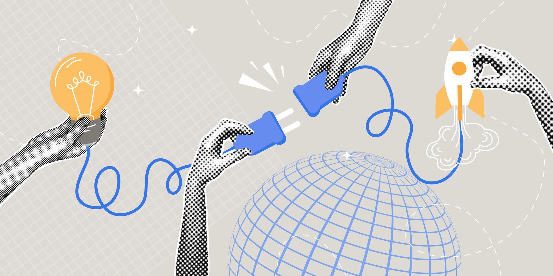 Connecting ideas for global innovation and growth. Trendy halftone collage. A businessman connects a lightbulb to a rocket. Conceptualizing the process of problem solving, new ideas, and starting a vector