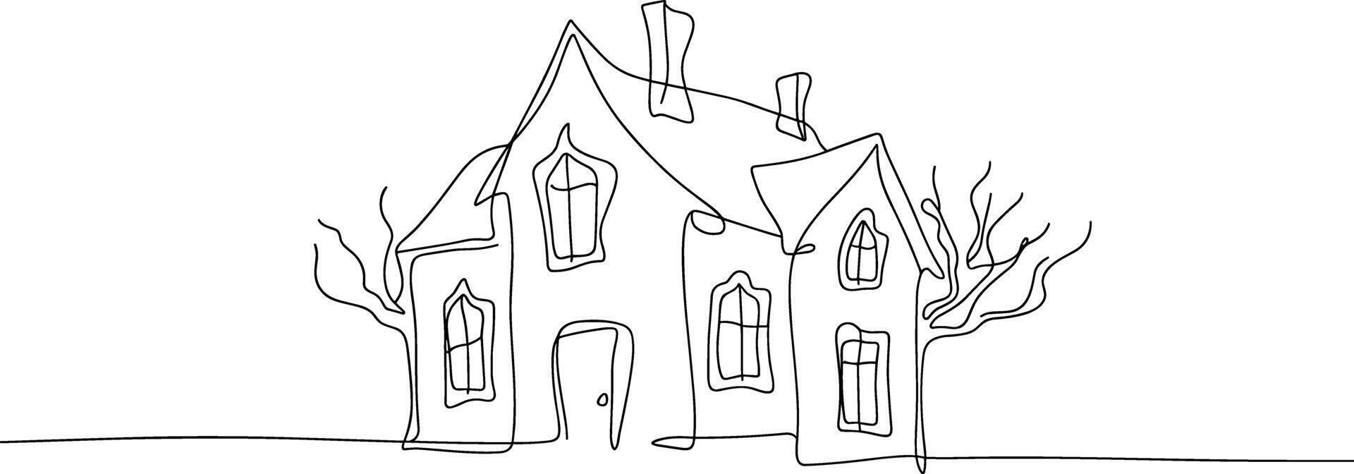 Single line drawing of a house with trees outline architecture vector