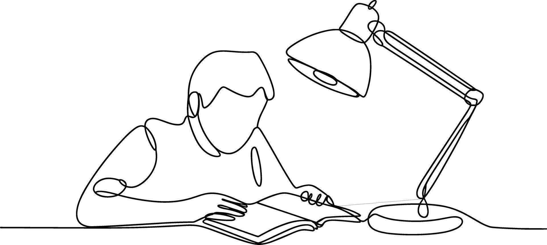 Person reading book under desk lamp continuous line drawing vector