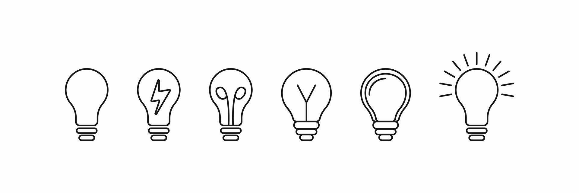 Set of six thin line light bulb icons symbolizing idea, invention, electricity, and creativity. Minimalist graphic for innovation concepts vector