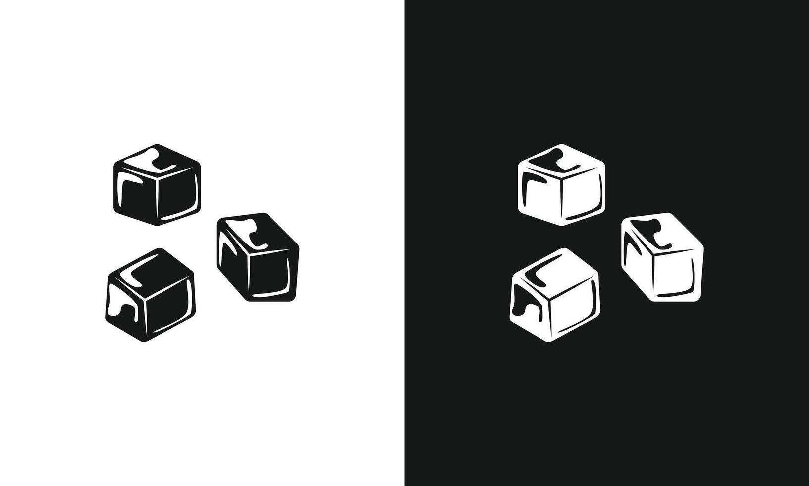 Monochromatic ice cubes icon set showing black and white silhouettes on split backgrounds. Versatile graphic element for drinks, cold themes, and branding vector