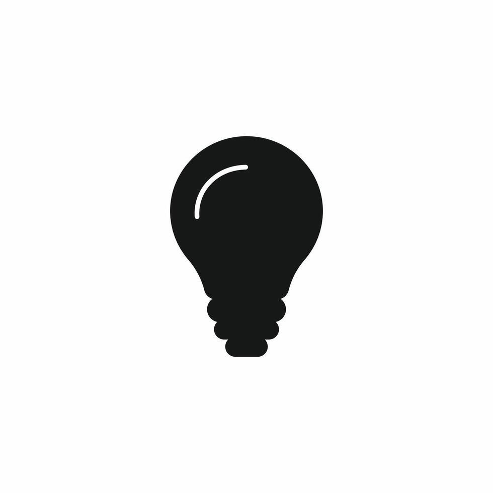 Solid black silhouette icon of a simple light bulb, featuring a minimal reflective curve. Represents innovative idea, solution, inspiration, and electric power concepts. Clean design vector