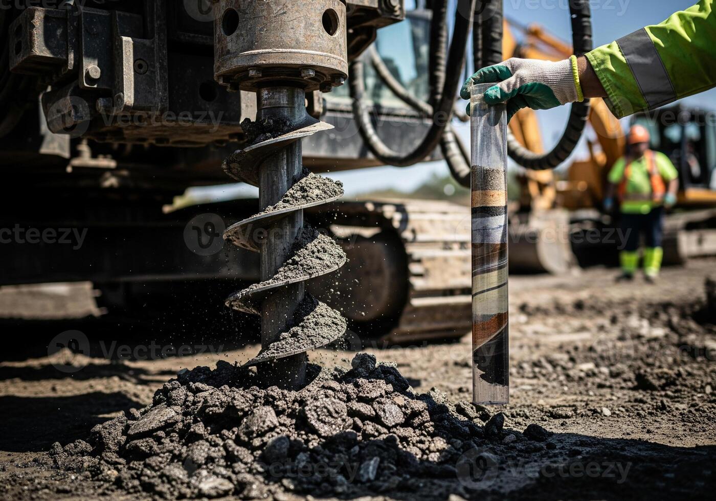 Drilling machine with large auger bit excavating rocks from ground. Soil sampling during pile drilling. Extraction of underground material for geotechnical analysis and foundation assessment photo