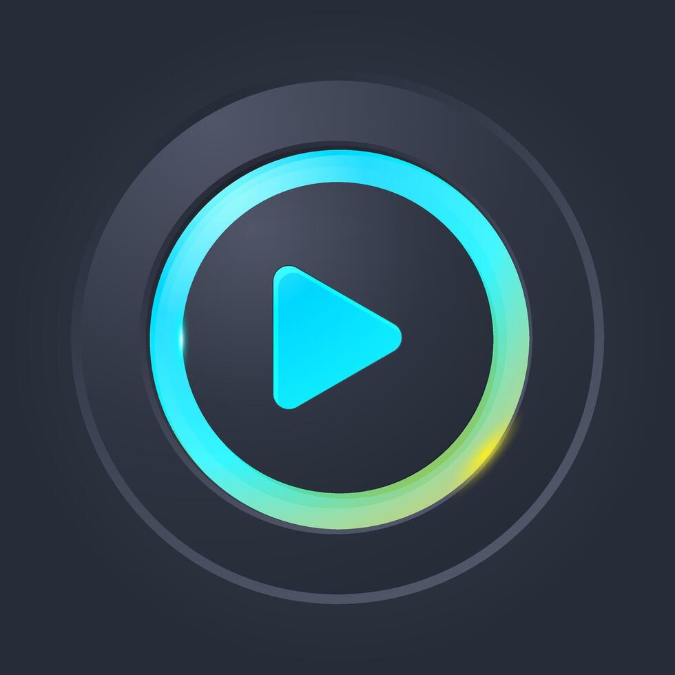 Bright neon play button with modern glowing ring design on a dark interface, ideal for tech and media themes vector