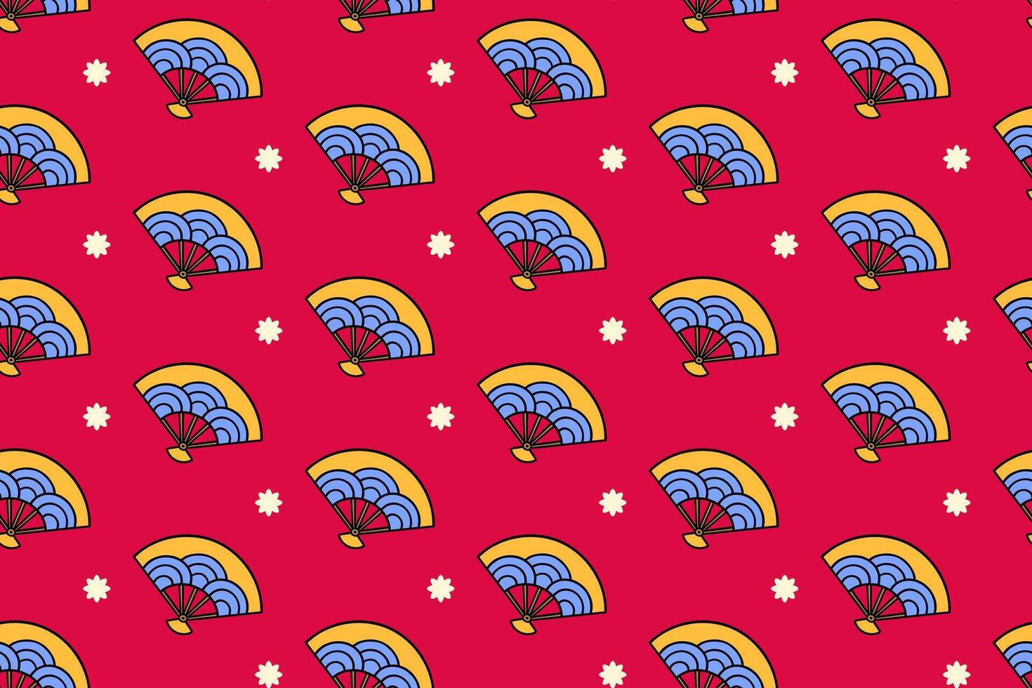 Japanese folding fan with star colorful illustration seamless pattern on red background set for kid merchandise. Hand fan cartoon pattern background. Paper fan doodle isolated motif vector
