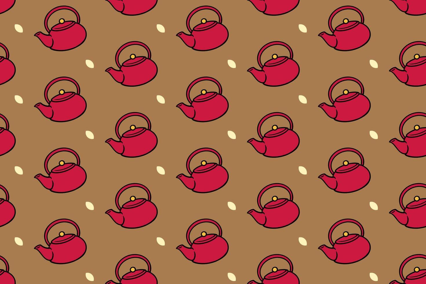 Teapot with leaves colorful illustration seamless pattern on tan background set for kid merchandise. Traditional kettle cartoon pattern background. Brewing pot doodle isolated motif vector